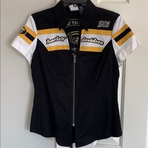 Harley Davidson black and yellow zip bowling shirt